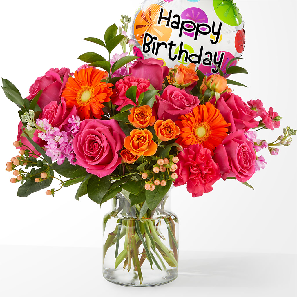Fiesta Bouquet with Birthday Balloon – HAYLEE FLOWERS & VARIETIES, Freeport NY