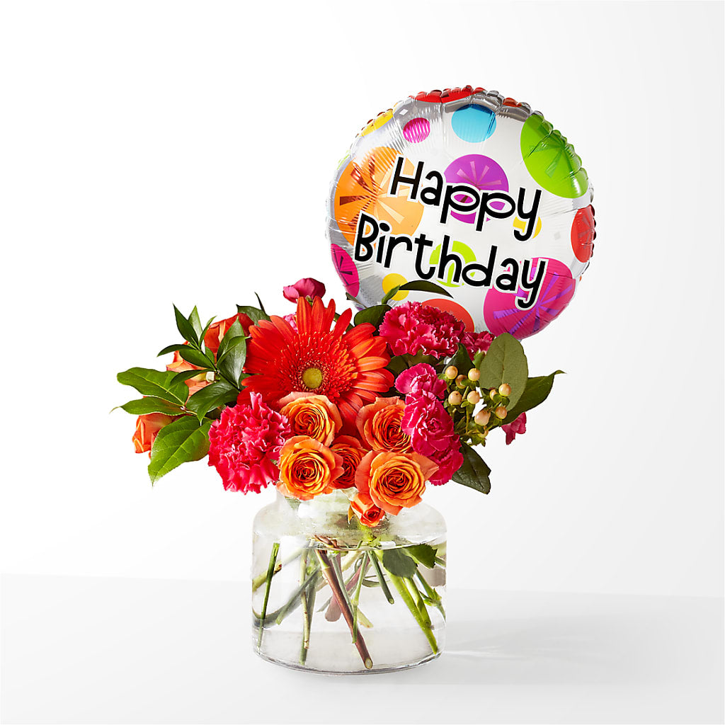 Fiesta Bouquet with Birthday Balloon – HAYLEE FLOWERS & VARIETIES, Freeport NY