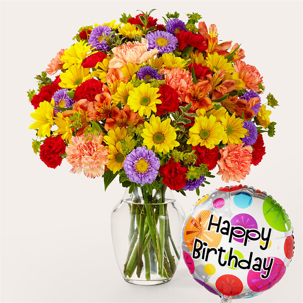 Kaleidoscope Bouquet with Birthday Balloon – HAYLEE FLOWERS & VARIETIES, Freeport NY