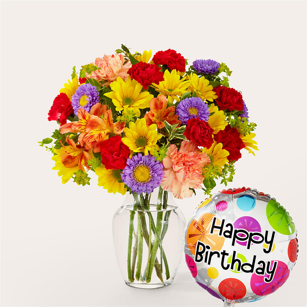 Kaleidoscope Bouquet with Birthday Balloon – HAYLEE FLOWERS & VARIETIES, Freeport NY