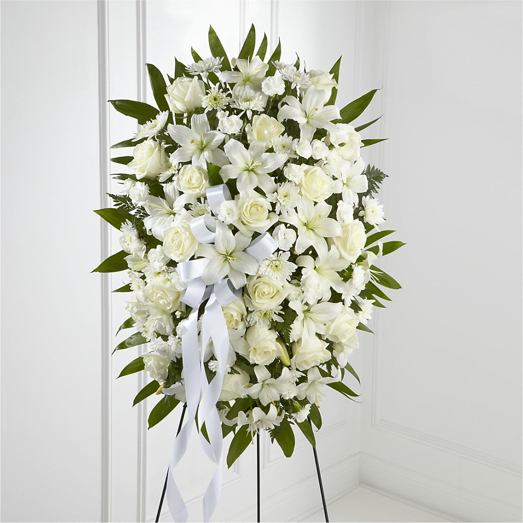 Exquisite Tribute Standing Spray-White Ribbon – HAYLEE FLOWERS & VARIETIES, Freeport NY