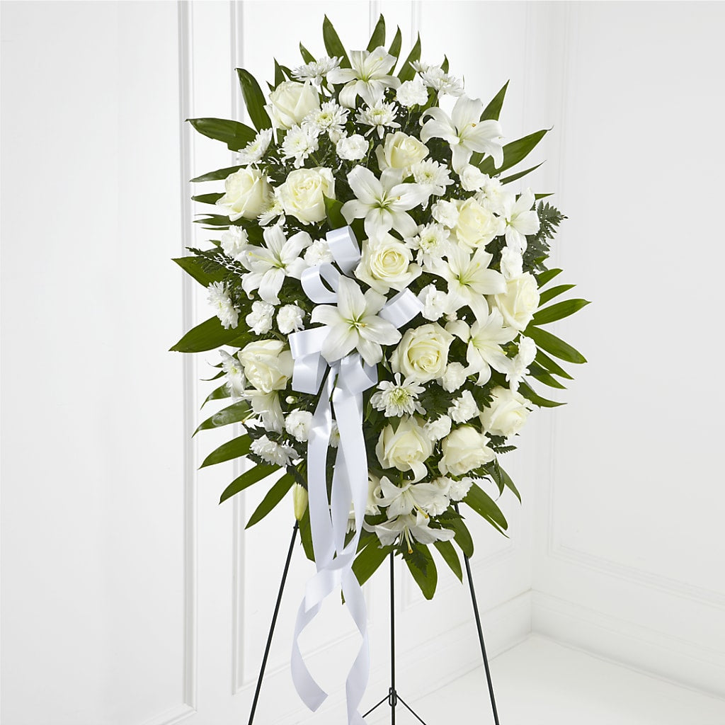 Exquisite Tribute Standing Spray-White Ribbon – HAYLEE FLOWERS & VARIETIES, Freeport NY
