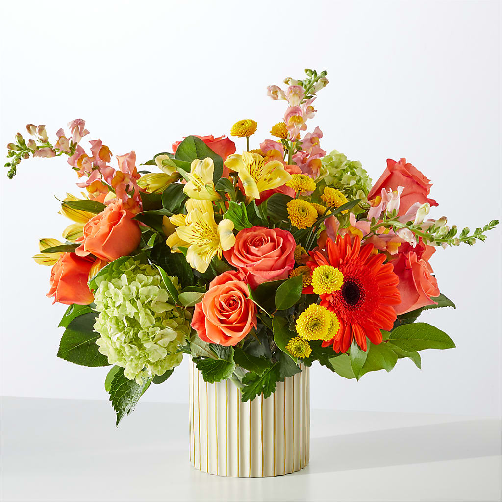 Autumn Sunshine Bouquet with Ivory Vase – HAYLEE FLOWERS & VARIETIES, Freeport NY