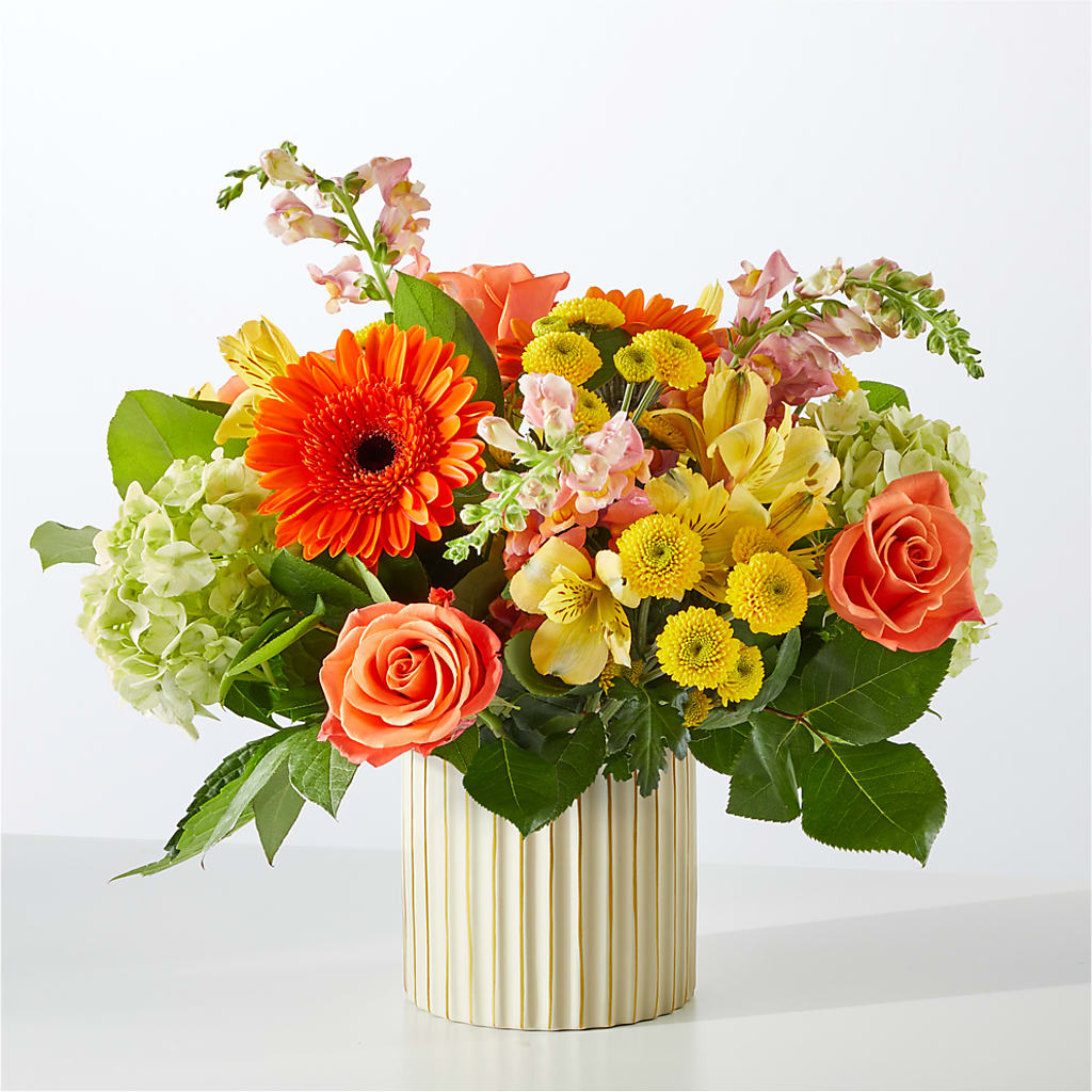 Autumn Sunshine Bouquet with Ivory Vase – HAYLEE FLOWERS & VARIETIES, Freeport NY