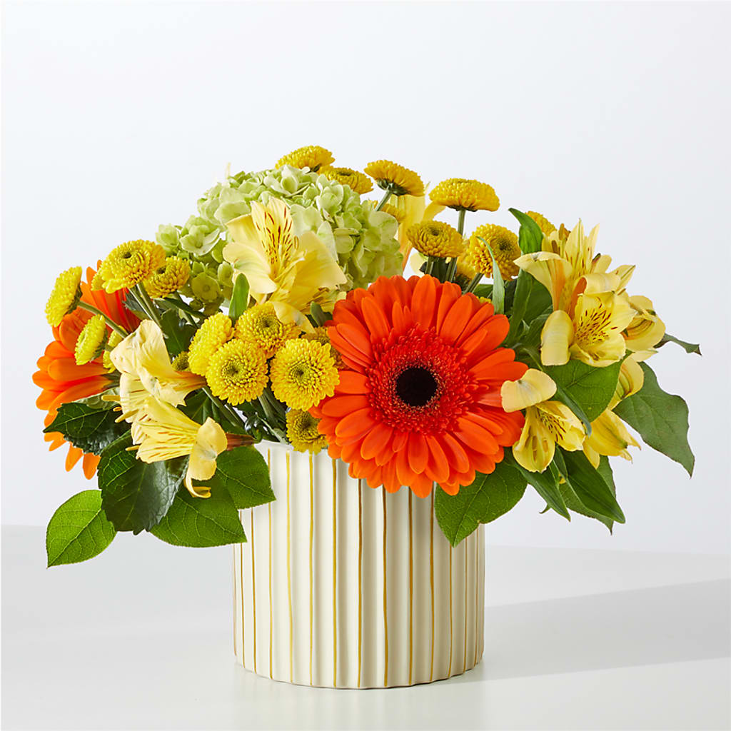 Autumn Sunshine Bouquet with Ivory Vase – HAYLEE FLOWERS & VARIETIES, Freeport NY